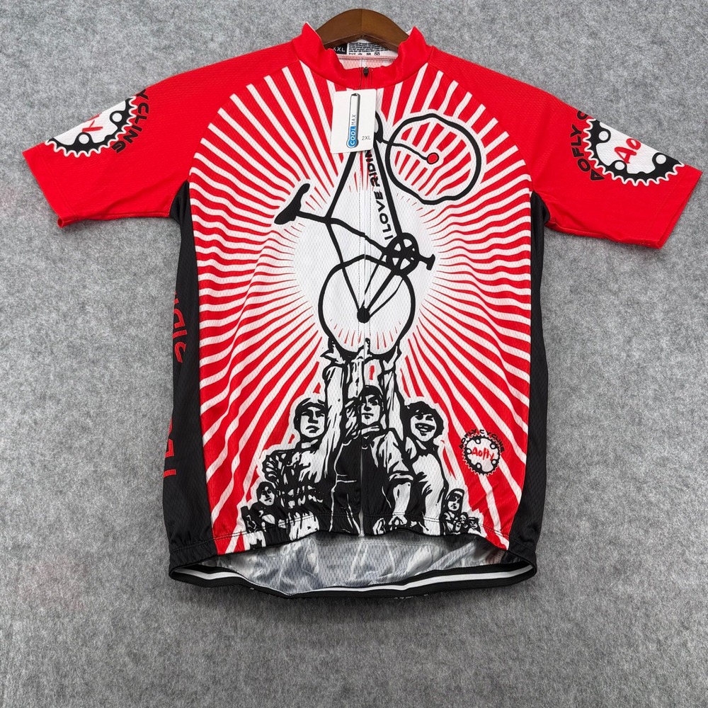 Aofly Cycling Mens XXL Red I Love Riding Coolmax Full Zip Bike Jersey NWT